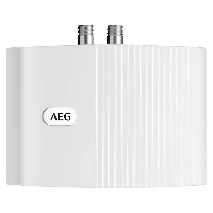 AEG Calentador de agua pequeño MTH 350 - 3,5 kW, Hidráulica, Abierto - Imagen de un calentador de agua AEG con dos conectores en la parte superior y el logotipo de AEG en la parte delantera.