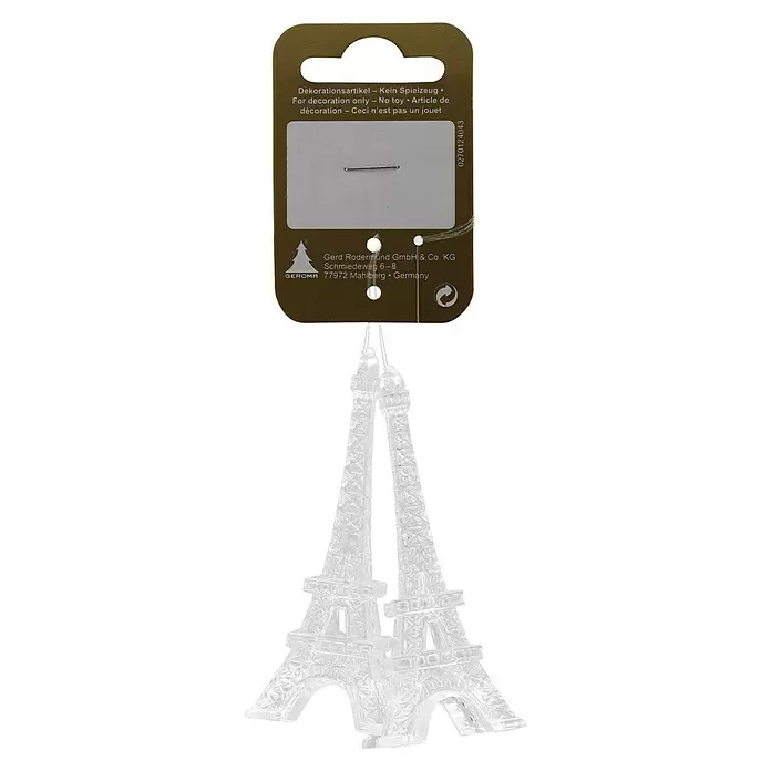 Deko-Anhänger Eifelturm - L x B: 8 x 3 cm, Transparent, Kunststoff, 2 -tlg. - Klarer Eiffelturm-Ornament aus Kunststoff an braunem Anhänger. Dekorationsartikel, kein Spielzeug.