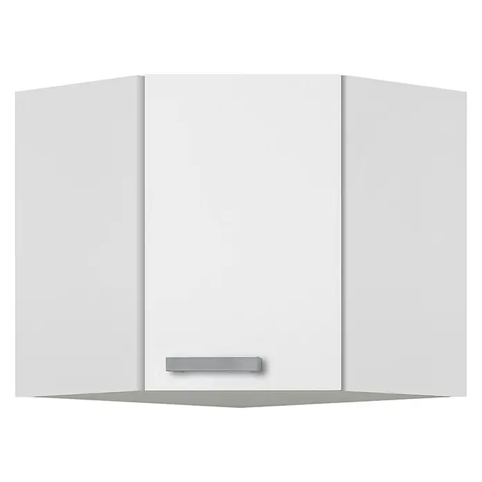 Optifit Oslo Küchen-Eck-Hängeschrank - 34,6 x 60 x 57,6 cm, Weiß - Ein weißer Eck-Hängeschrank mit einem minimalistischen, horizontalen Griff. Ideal für platzsparende Küchenlösungen.