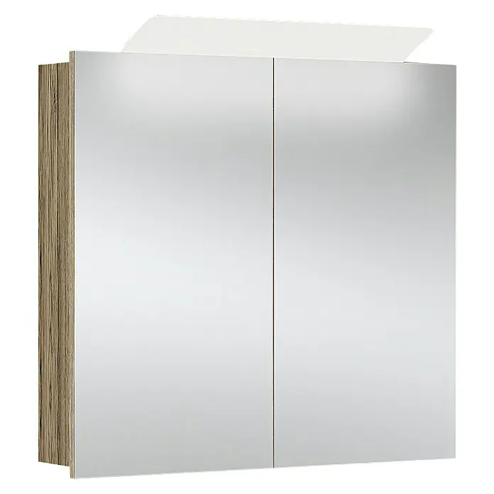Camargue Orion LED-Spiegelschrank - B x H: 73 x 68 cm, Mit Beleuchtung, Sanremo Rustico - Ein moderner Spiegelschrank mit zwei Türen, einer Holzseitenwand und einem weißen Oberteil, ideal für Badezimmer.