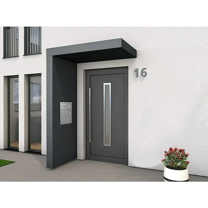 Gutta Rechteckvordach BS Plus 160 UP ST BK FUKA - 160 x 90 x 15,5 cm, Seitenteil links, Briefkastenanlage Edelstahl - Moderne Haustür in Anthrazit mit Briefkasten und Hausnummer 16, stilvoller Eingangsbereich mit zeitgemäßem Design und Pflanztopf.