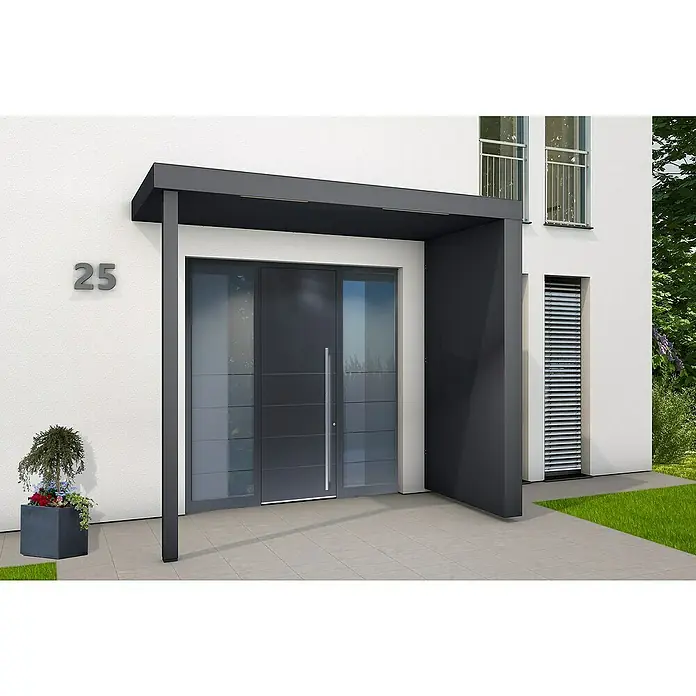 Gutta Rechteckvordach BS Plus XL UP PF ST - 250 x 125 x 15,5 cm, Seitenteil mit Entwässerung rechts, Pfosten links - Eine moderne Haustür mit Vordach in Anthrazit, eingebettet in eine weiße Fassade, strahlt minimalistische Eleganz und zeitgenössisches Design aus.