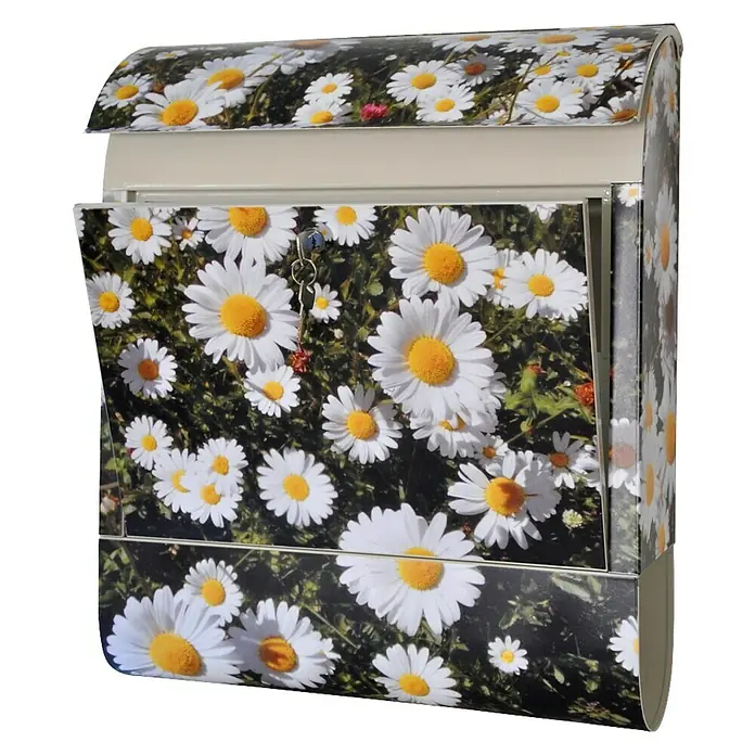 Wandbriefkasten - L x B x H: 12 x 38 x 45 cm, Stahl, Zeitungsfach, Gänseblümchen - Dieser Briefkasten mit Gänseblümchenmuster ist eine charmante Ergänzung für jeden Eingangsbereich. Der Briefkasten verfügt über ein Schloss für sichere Postzustellung.