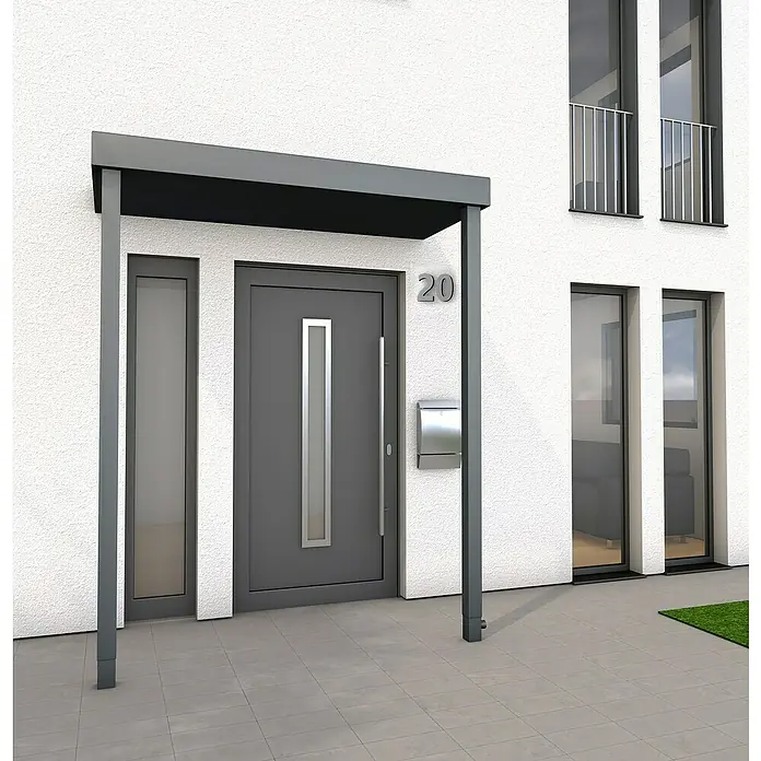 Gutta Rechteckvordach BS Plus 200 UP 2 PF - 200 x 90 x 15,5 cm, Entwässerung Pfosten rechts - Modernes Haustür Vordach in Grau, das Design und Funktionalität vereint und einen stilvollen Eingangsbereich schafft.\n