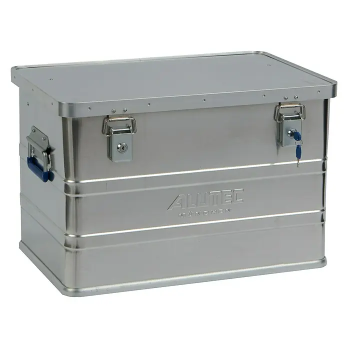 Alutec München Aufbewahrungs- & Transportbox Classic 68 - L x B x H: 575 x 385 x 375 mm, 68 l, Aluminium - Silberne Allutec-Aluminiumbox mit abschließbaren Riegeln und blauem Griff für sichere Aufbewahrung und Transport.