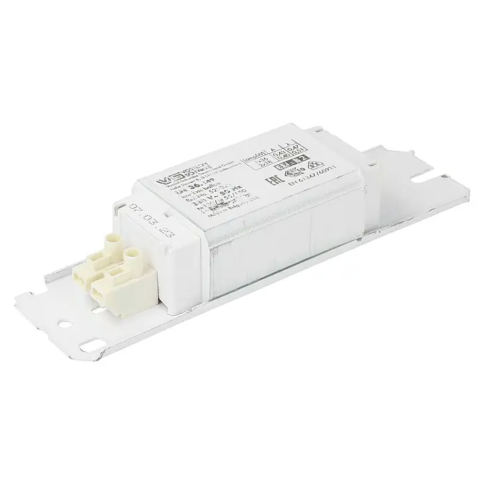 Voltomat Vorschaltgerät - 230 V, Max. Leistung: 36 W - Ein elektronisches Vorschaltgerät von Vossloh-Schwabe, Modell 36.149, für Lampen mit 2x18W Leistung, hergestellt in Bulgarien.