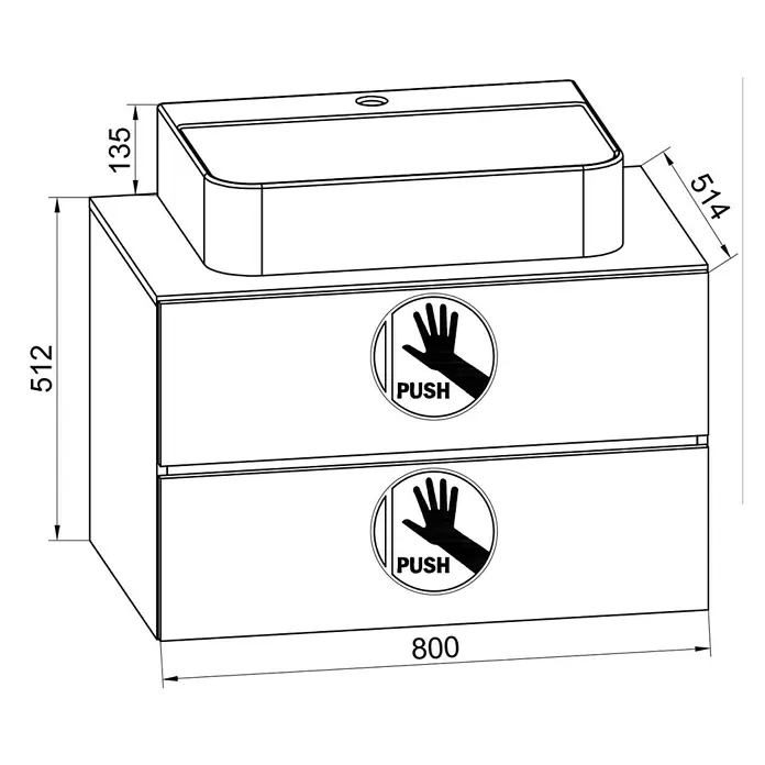 VCM Lendas Badmöbel-Set - 81 cm, Honig-Eiche/Weiß - Abbildung eines Waschtischunterschranks mit Schubladen und Waschbecken, inklusive Maßangaben für Breite, Höhe und Tiefe.