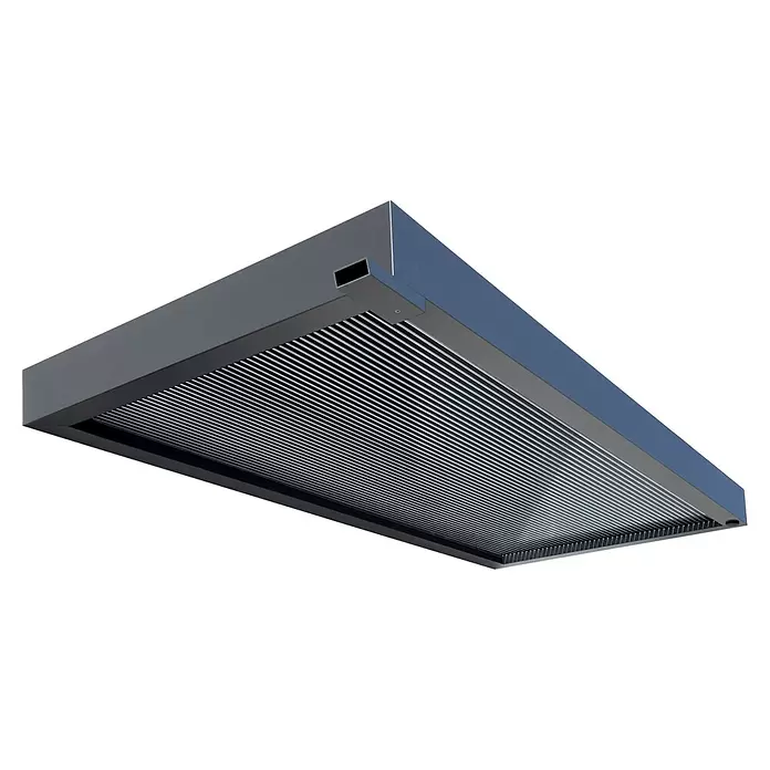 Gutta Rechteckvordach BS 3D-Line 160 - 160 x 90 x 12,5 cm - Rechteckiger Luftauslass mit grauem und blau-grauem Metallgehäuse und linearen Lamellen.
