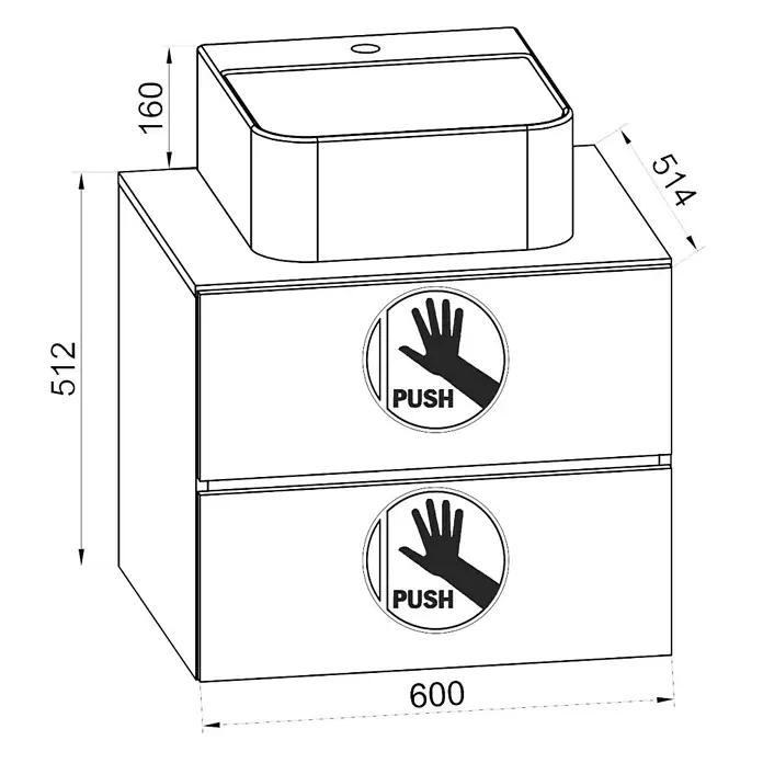 VCM Lendas Badmöbel-Set - 61 cm, Anthrazit - Abbildung eines Waschbeckenschranks mit den Maßen 600 x 514 x 512 mm und einem Waschbeckenaufsatz von 160 mm Höhe.