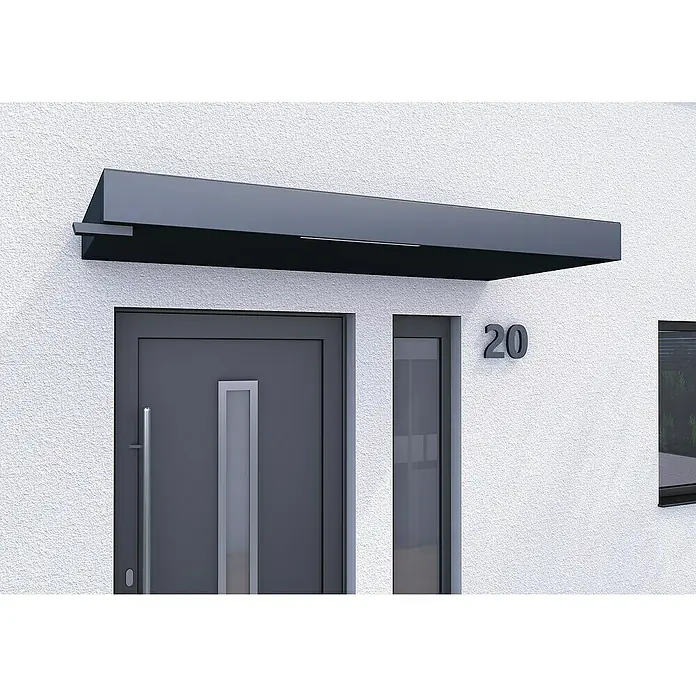Gutta Rechteckvordach BS Plus 200 UP WSP - 200 x 90 x 15,5 cm, Wasserspeier links - Nahaufnahme einer Haustür mit einem Vordach in Anthrazit, das das Haus vor Witterungseinflüssen schützt und ein modernes Designelement bietet.