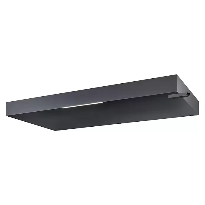 Gutta Rechteckvordach BS Plus 200 UP WSP - 200 x 90 x 15,5 cm, Wasserspeier rechts - Dunkelgraue, rechteckige LED-Leuchte mit leuchtendem Lichtstreifen und kleinem, hervorstehendem Rechteckelement.