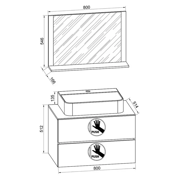 VCM Lendas Badmöbel-Set - 80 cm, Honig-Eiche/Weiß - Produktabbildung: Waschtisch mit Spiegel und Schubladen in modernem Design. Die Maße sind in der Abbildung angegeben.