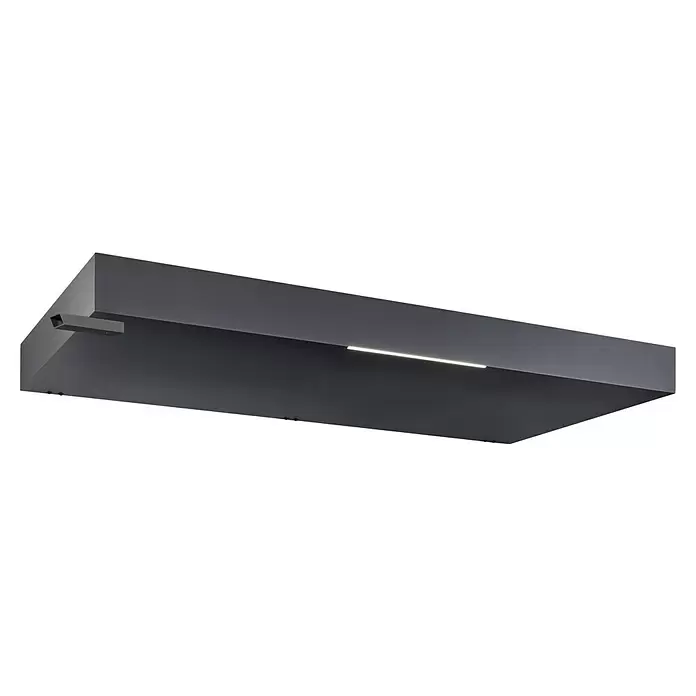 Gutta Rechteckvordach BS Plus 200 UP WSP - 200 x 90 x 15,5 cm, Wasserspeier links - Dunkelgraue rechteckige LED-Leuchte mit integriertem Lichtband und verstellbarem Strahler.