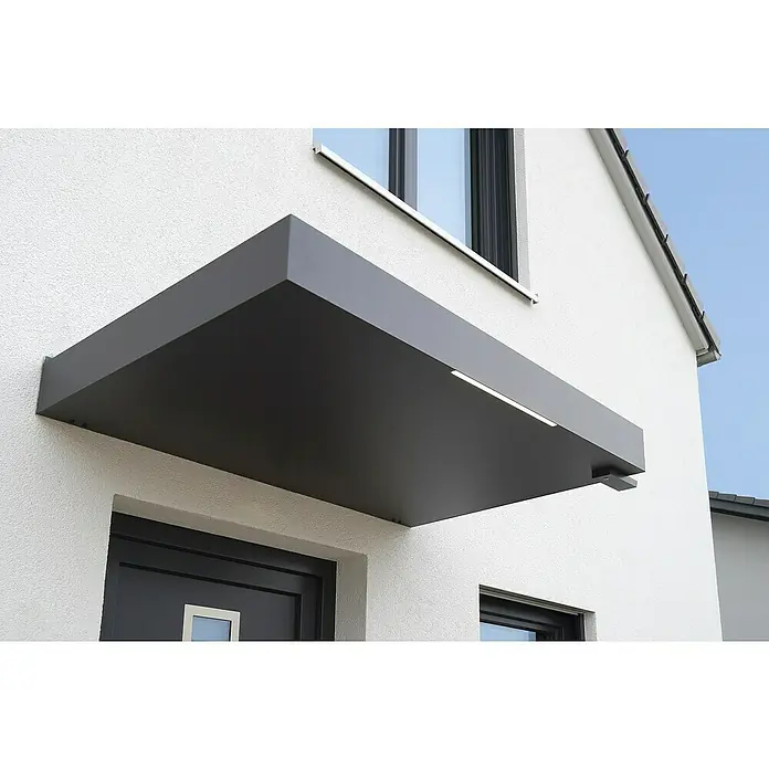 Gutta Rechteckvordach BS Plus 160 UP WSP - 160 x 90 x 15,5 cm, Wasserspeier rechts - Moderne Haustürvordach mit integrierter Beleuchtung in Anthrazit, die ein stilvolles und einladendes Erscheinungsbild bietet.