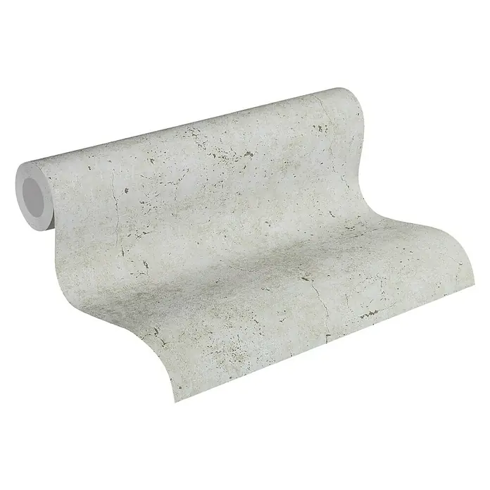A.S. Création Metropolitan Stories Vliestapete Betonoptik - Grau/Grün, Betonoptik, 10,05 x 0,53 m - Nahaufnahme einer Rolle hellgrauer Beton-Effekt-Tapete, die das strukturierte Design und die Textur der Tapete zeigt.