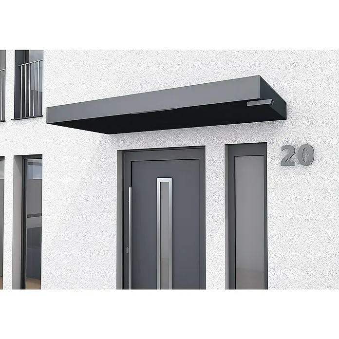 Gutta Rechteckvordach BS Plus 200 UP WSP - 200 x 90 x 15,5 cm, Wasserspeier rechts - Ansicht einer modernen Haustür mit einem Vordach, das Schutz vor den Elementen bietet und das architektonische Erscheinungsbild des Hauses ergänzt.