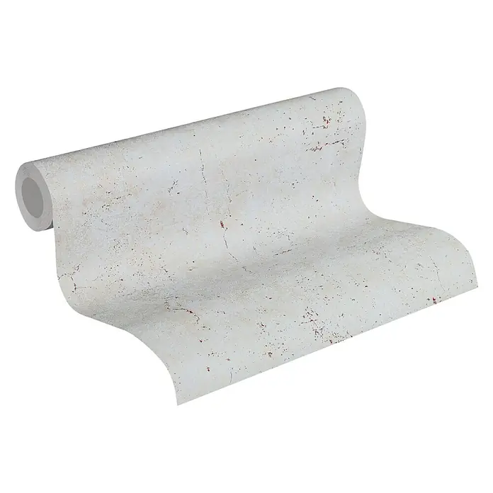 A.S. Création Metropolitan Stories Vliestapete Betonoptik - Grau/Beige, Betonoptik, 10,05 x 0,53 m - Eine Rolle Tapete mit einer weißen, texturierten Oberfläche und roten Akzenten, die einen modernen, industriellen Look erzeugt.