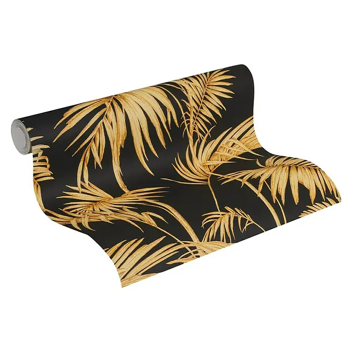 A.S. Création Metropolitan Stories Vliestapete Gräser - Schwarz/Gold, Floral, 10,05 x 0,53 m - Eine Rolle dunkler Tapete mit einem stilvollen, goldenen Palmenblattmuster, die jedem Raum eine luxuriöse Note verleiht.