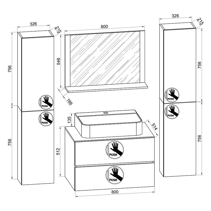 VCM Lendas Badmöbel-Set - 147 cm, Weiß - Abbildung eines Badezimmermöbelsets mit Waschtisch, Spiegel und zwei Hochschränken mit den Maßen für die Installation.