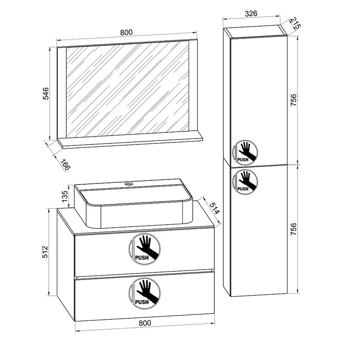 VCM Lendas Badmöbel-Set - 114 cm, Anthrazit/Honig-Eiche - Eine Waschbecken-Kombination mit Schubladen und einem Spiegelschrank mit detaillierten Maßangaben für eine Badgestaltung.