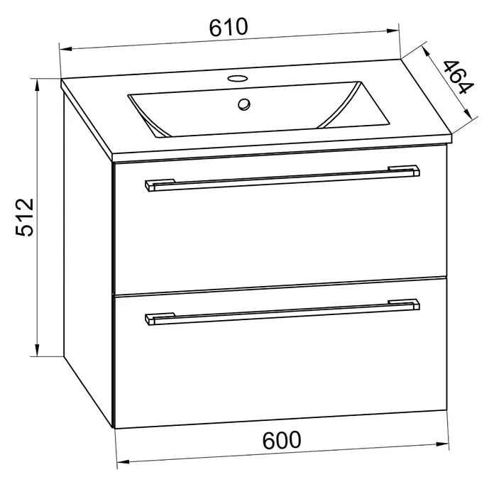 VCM Badinos Badmöbel-Set - 61 cm, Honig-Eiche, 2 -tlg. - Eine detaillierte Strichzeichnung eines Waschtischunterschranks mit zwei Schubladen und den Maßangaben 610 x 464 x 512 mm.