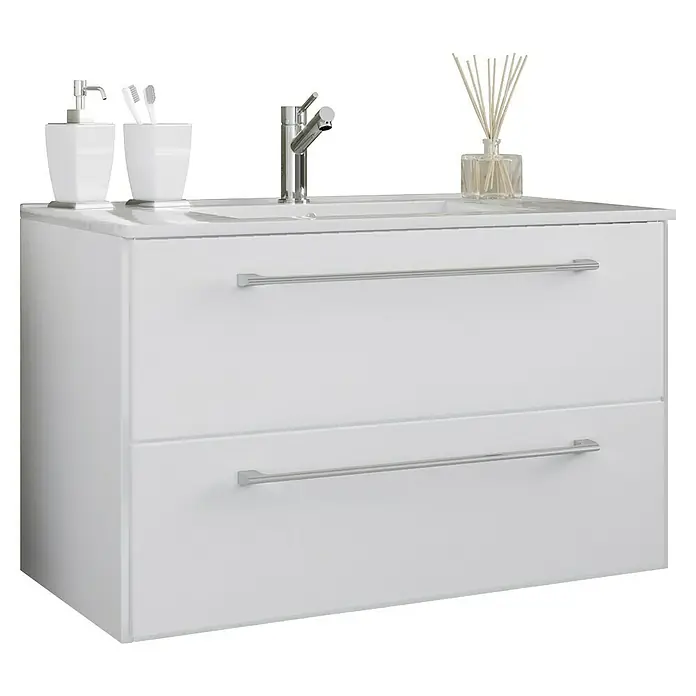 VCM Badinos Badmöbel-Set - 81 cm, Weiß, 2 -tlg. - Ein weißer Badezimmerschrank mit zwei Schubladen, einem Waschbecken, einer Seifenspender und Duftstäbchen.