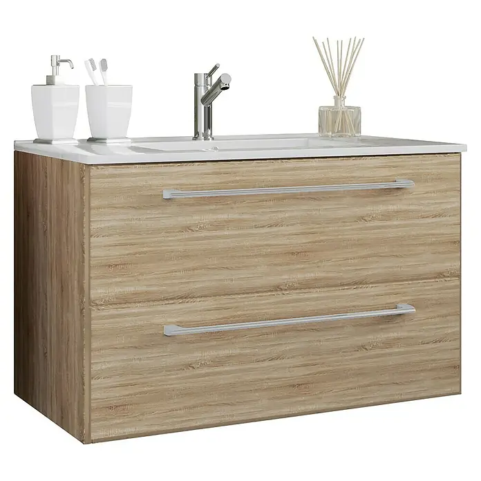 VCM Badinos Badmöbel-Set - 81 cm, Sonoma-Eiche, 2 -tlg. - Ein moderner Waschtisch mit hellem Holzfurnier und zwei Schubladen mit silbernen Griffen. Praktisch und stilvoll fürs Bad.