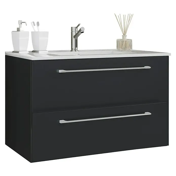 VCM Badinos Badmöbel-Set - 81 cm, Schwarz, 2 -tlg. - Badezimmerschrank mit zwei Schubladen, Waschbecken, Armatur, Seifenspender und Duftstäbchen. Das Möbelstück ist in dunklem Anthrazit gehalten.