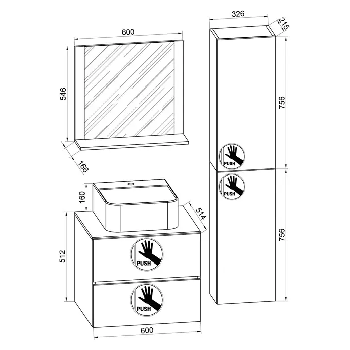 VCM Lendas Badmöbel-Set - 94 cm, Honig-Eiche/Weiß - Abbildung eines Waschtischsets mit Spiegel, Waschbeckenunterschrank und Hochschrank, inklusive Maßangaben für die Badplanung.