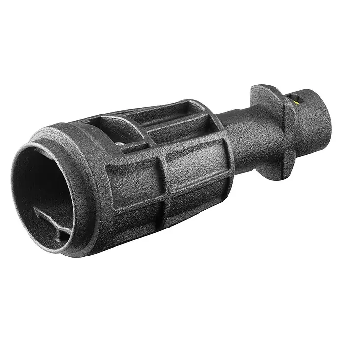 Kärcher Adapter M - Passend für: Kärcher Hochdruckreiniger bis Baujahr 2010 - Schwarzer, spritzgegossener Kunststoffadapter mit Öffnungen, Rippen und einem gelben Akzent an einem Ende.