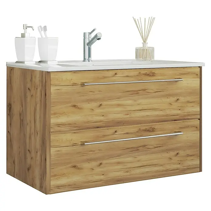 VCM Badinos Badmöbel-Set - 81 cm, Honig-Eiche, 2 -tlg. - Ein moderner Waschtischunterschrank in Holzoptik mit zwei Schubladen, einem weißen Aufsatzwaschbecken, Armatur, Seifenspender und Duftstäbchen.