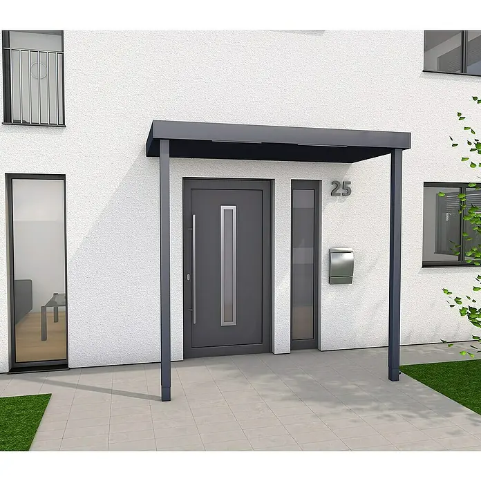 Gutta Rechteckvordach BS Plus XL UP 2 PF - 250 x 125 x 15,5 cm, Entwässerung Pfosten rechts - Abbildung eines modernen Hauseingangs mit einer grauen Vordertür unter einem schützenden Vordach.