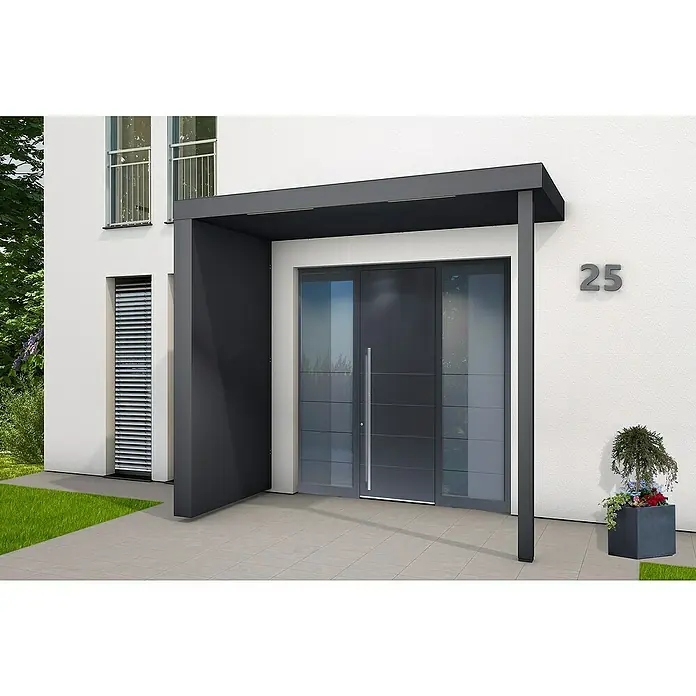 Gutta Rechteckvordach BS Plus XL UP PF ST - 250 x 125 x 15,5 cm, Seitenteil mit Entwässerung links, Pfosten rechts - Moderne Haustür mit Vordach in Grau. Die Tür mit Glaselementen und schlichtem Design verleiht dem Eingangsbereich Eleganz und Stil.