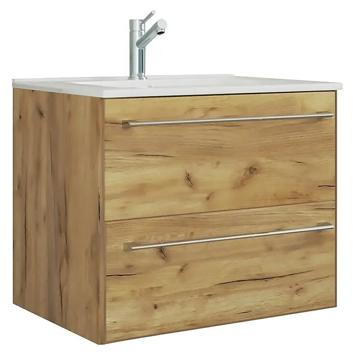 VCM Badinos Badmöbel-Set - 61 cm, Honig-Eiche, 2 -tlg. - Ein moderner Waschtischunterschrank mit zwei Schubladen in Holzoptik und einem weißen Aufsatzwaschbecken mit Armatur.