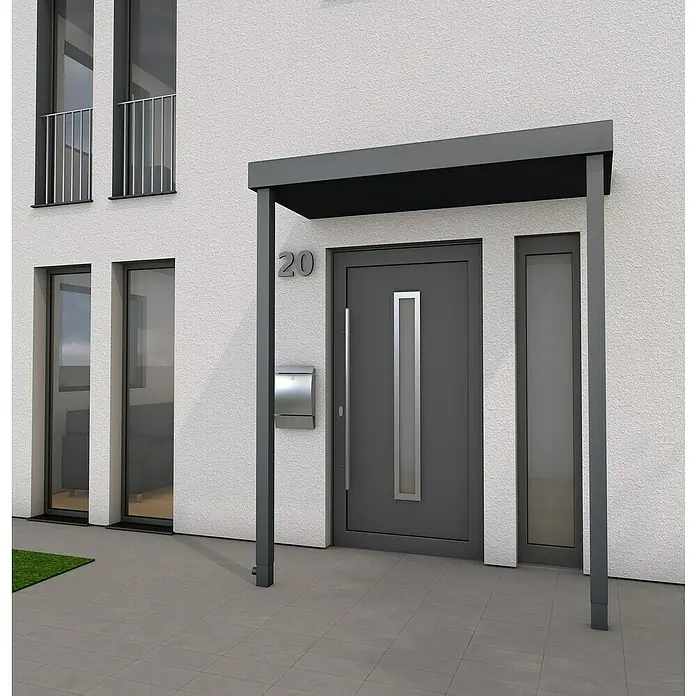 Gutta Rechteckvordach BS Plus 200 UP 2 PF - 200 x 90 x 15,5 cm, Entwässerung Pfosten links - Ansicht einer modernen Haustür mit Vordach, Hausnummer 20 und Briefkasten an einer weißen Fassade.
