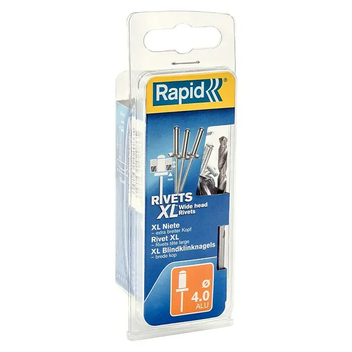 Rapid Blindniete XL - Nietlänge: 10 mm, Nietdurchmesser: 4 mm, 50 Stk. - Eine Packung Rapid XL Blindnieten mit breitem Kopf, 4.0 ALU, für vielseitige Anwendungen in Handwerk und Industrie.