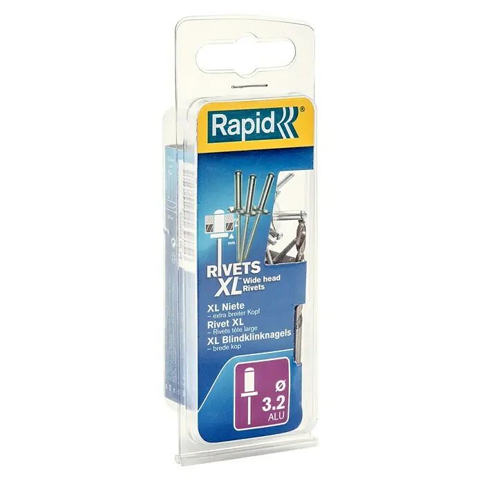 Rapid Blindniete XL - Nietlänge: 8 mm, Nietdurchmesser: 3,2 mm, 50 Stk. - Packung Rapid XL Blindnieten mit breitem Kopf und 3,2 mm Durchmesser aus Aluminium für vielfältige Anwendungen.