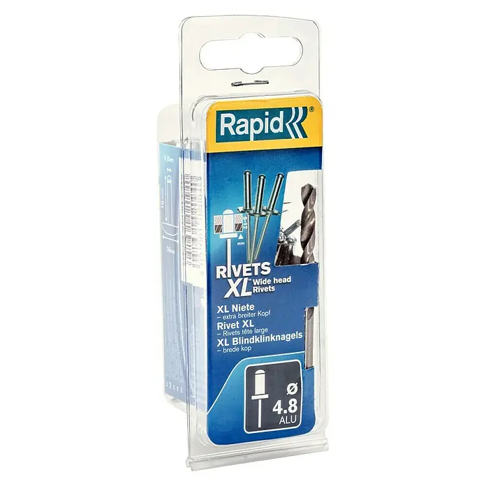 Rapid Blindniete XL - Nietlänge: 12 mm, Nietdurchmesser: 4,8 mm, 40 Stk. - Rapid XL Blindnieten mit breitem Kopf in einer durchsichtigen Verpackung mit blauem Etikett.