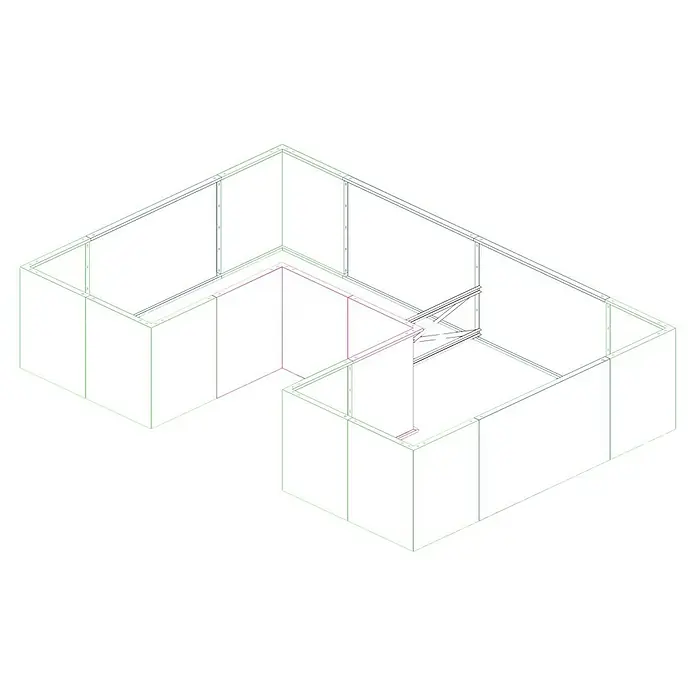 Palatino Hochbeet Urban U-Form - 300 x 200 x 70 cm, Stahl, Rostbraun - Isometrische Darstellung eines Messestands mit weißen Wänden, grünem Sockel, blauer Oberseite und einigen pinkfarbenen Akzenten.