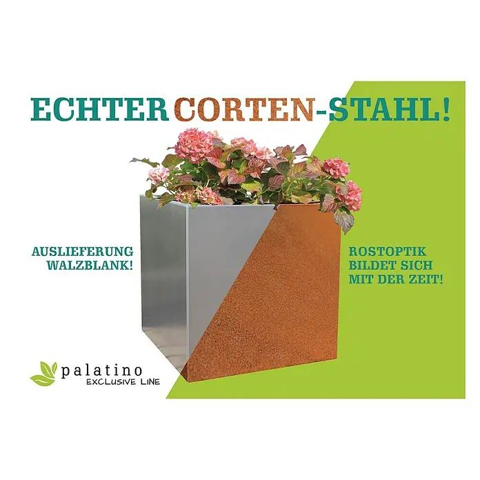 Palatino Exclusive Line Pflanzkasten Carlotta - Außenmaß (L x B x H): 120 x 40 x 25 cm, Metall, Rotbraun - Produktbild eines quadratischen Pflanzgefäßes aus Cortenstahl mit Blumen. Das Pflanzgefäß ist halb silbern und halb rostfarben.