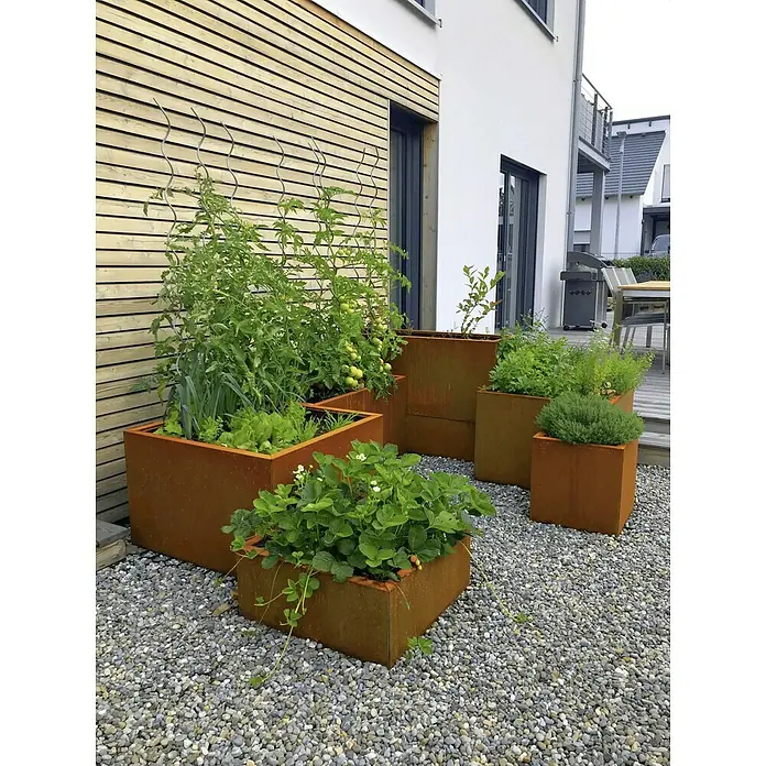 Palatino Exclusive Line Pflanzkasten Carlotta - Außenmaß (L x B x H): 120 x 40 x 25 cm, Metall, Rotbraun - Rostfarbene Pflanzgefäße aus Metall mit Tomaten, Salat und Erdbeeren im Garten.