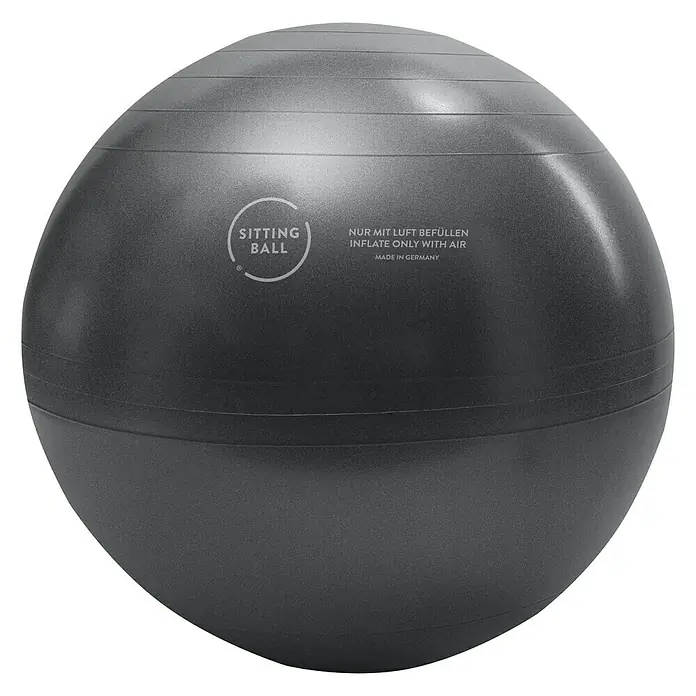 Sitting Ball Gymnastikball Felt - Anthrazit, Durchmesser: 65 cm, 100 % Polyester - Ein grauer Sitzball mit der Aufschrift "Sitting Ball" und dem Hinweis, dass er nur mit Luft befüllt werden darf, Made in Germany.