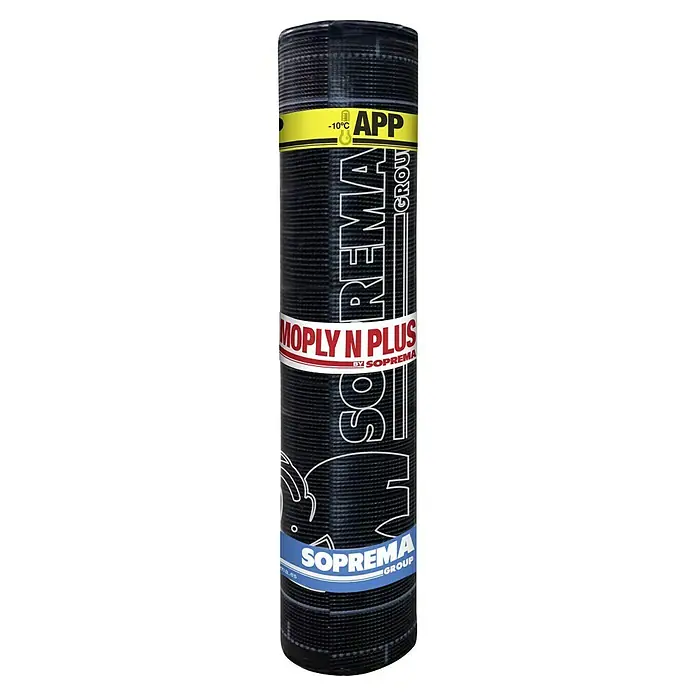 Soprema Lámina asfáltica Moply N Plus FV - Otros, Negro, 3 kg - Imagen de un rollo de tela asfáltica Moply N Plus, un producto de Soprema, con una banda amarilla en la parte superior y una azul en la inferior.