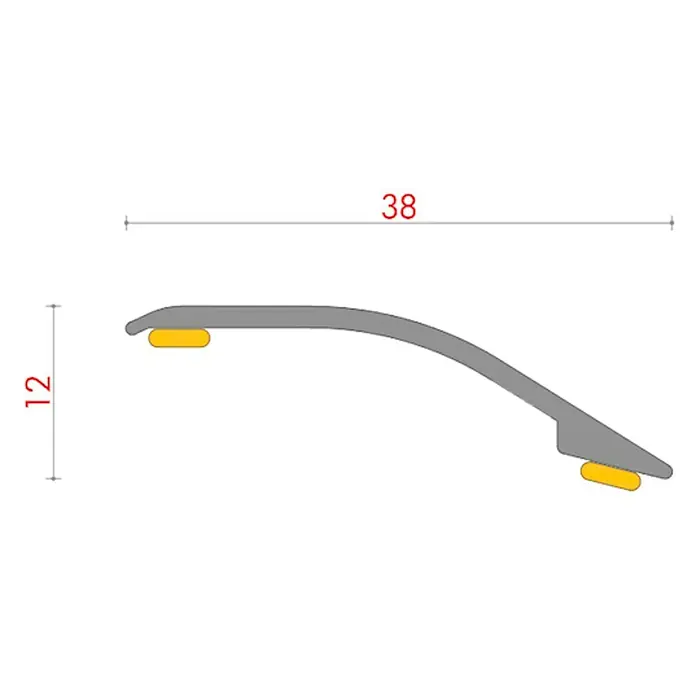 Baglinox Perfil de transición inclinado Fresno - 49 - 90 cm x 38 mm, Pegado - Ilustración de un perfil de umbral con dimensiones de 38 x 12 mm, ideal para crear transiciones accesibles y evitar tropiezos.