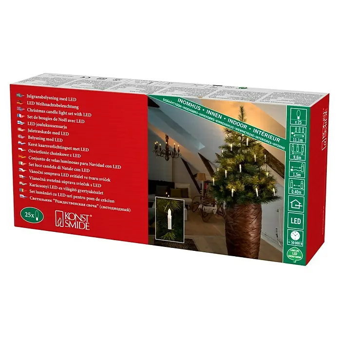 Konstsmide Baumkerzen-Set - 25 Stk., Weiß, LED - Produktverpackung für eine LED-Weihnachtsbaumkerzen-Lichterkette mit 25 Lichtern und langer Lebensdauer.