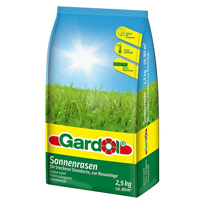 Gardol Rasensamen Sonnenrasen - 2,5 kg, 80 m² - Abbildung einer Packung Gardol Sonnenrasen, ideal für trockene Standorte und zur Neuanlage.