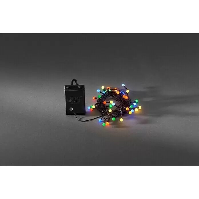 Konstsmide LED-Lichterkette Globes - Außen, Lichtfarbe: Mehrfarbig, Anzahl Leuchtmittel: 40 Stk., Batteriebetrieben - Gekräuselte Lichterkette mit bunten LEDs und schwarzer Batteriebox.