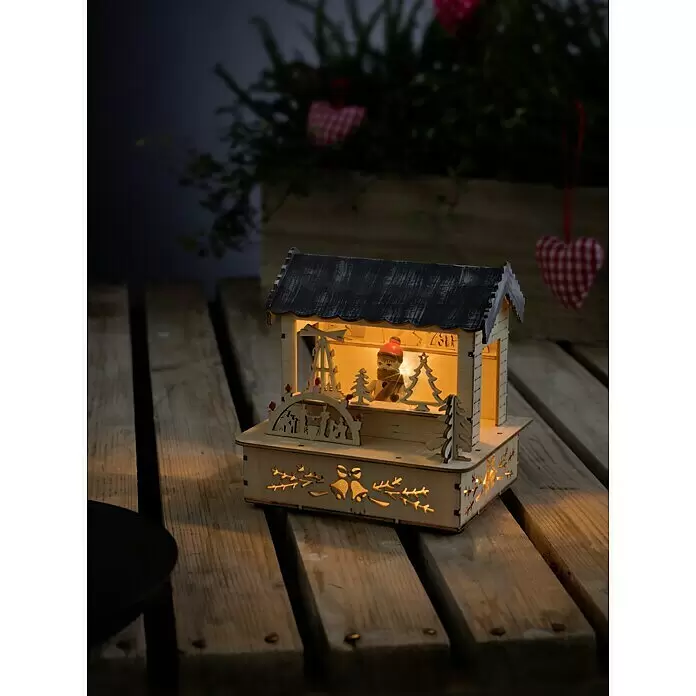 Konstsmide LED-Weihnachtsdekoleuchte Marktstand mit grauem Dach - 11,5 x 9,5 x 12,5 cm, Braun, Batteriebetrieben, LED - Stimmungsaufnahme