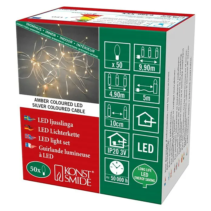 Konstsmide LED-Lichterkette Tropfenlichterkette - Innen, Lichtfarbe: Bernstein, Anzahl Leuchtmittel: 50 Stk., Netzbetrieben, Silber - Produktverpackung einer LED-Lichterkette mit warmweißem Licht und silberfarbenem Kabel für den Innenbereich.