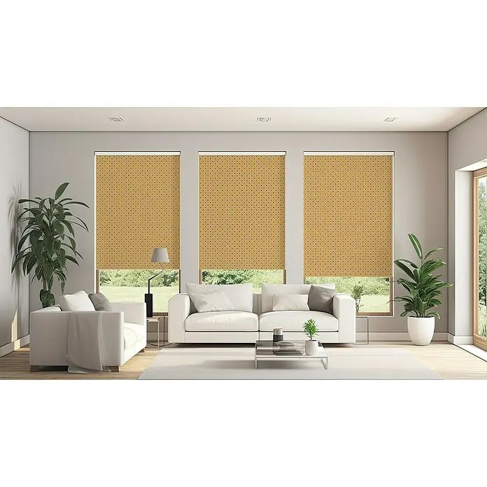 Estor enrollable Sol - An x Al: 135 x 190 cm, Mostaza - Tres estores enrollables amarillas con un patrón de puntos cubren las ventanas y añaden privacidad a este elegante salón.